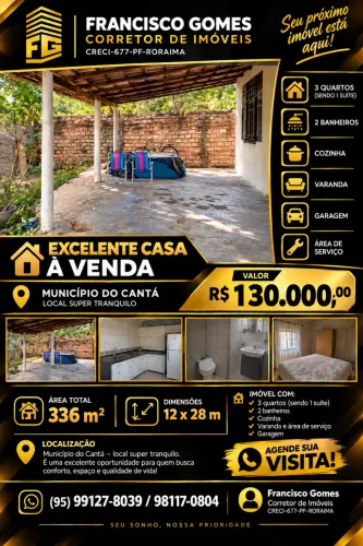 DISPONÍVEL PARA VENDA CASA ?NO MUNICÍPIO DO CANTÁ