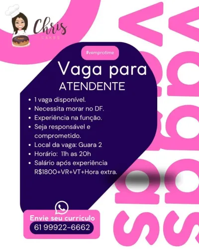 Vaga para atendente de loja de bolos e doces 