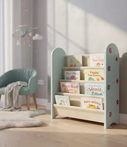 Estande de livro infantil Montessori em madeira.