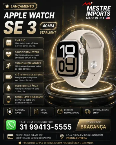 Apple Watch SE 3 GPS 40mm Starlight Novo Lacrado Garantia Apple
