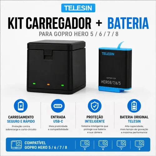 Kit Carregador + Bateria Telesin Original GoPro Hero 5 6 7 8