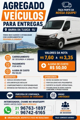 Estamos agregando veículos para entregas na Barra da Tijuca!