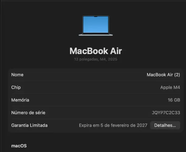 Macbook M4 16GB RAM único dono com garantia