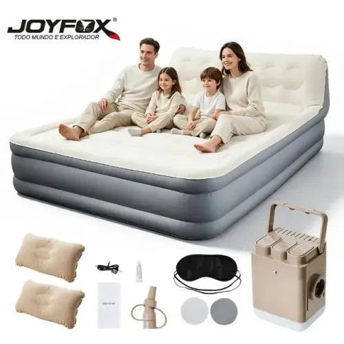 (79) Colchão Inflável Queen Joyfox com Inflador Elétrico Recarregável, LED e Encosto
