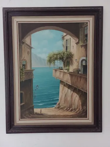 Quadro Decorativo Paisagem Marítima Vintage com Moldura de Madeira