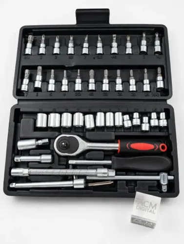 ? KIT JOGO DE CHAVES SOQUETES 46 PEÇAS COM CATRACA REVERSÍVEL - MALETA PROFISSIONAL