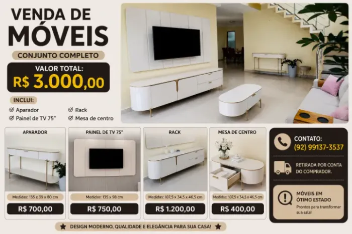 Conjunto de Móveis Elegante em Bege e Dourado para sala de estar