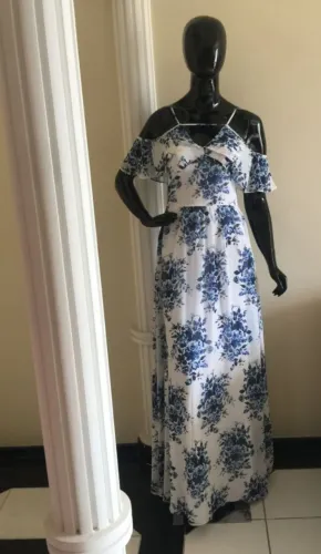 Vestido longo floral azul com branco, Tam 36, com etiqueta
