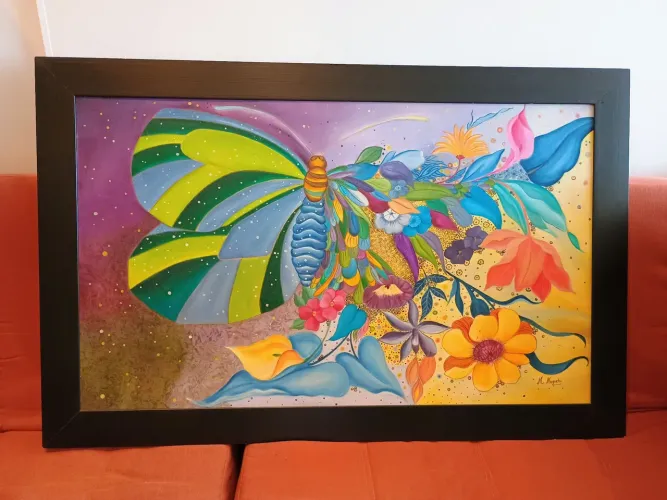 Quadro Decorativo Borboleta e Flores Coloridas, releitura Peter Faust 