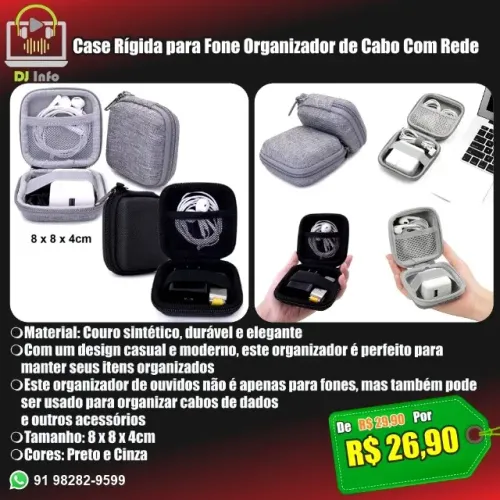 Case Rígida para Fone Organizador de Cabo Com Rede