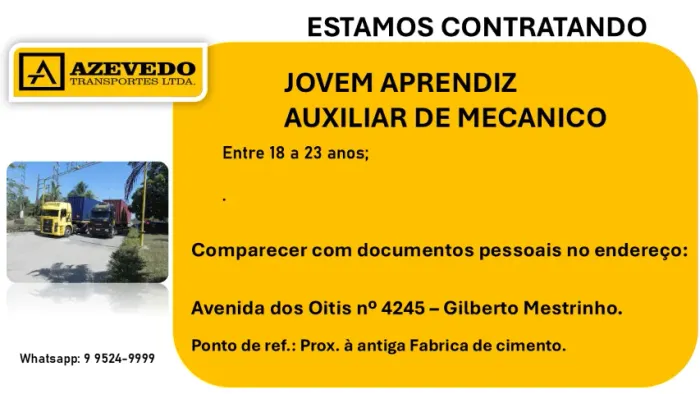 Vaga: Jovem Aprendiz - AUXILIAR DE MECANICO