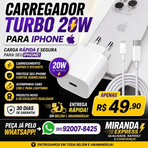 Carregador Turbo 20W para iPhone | Cabo Lightning Incluso | Entrega Rápida