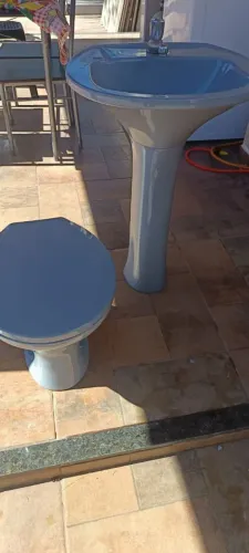 Vaso sanitário e lavatório com coluna cinza.