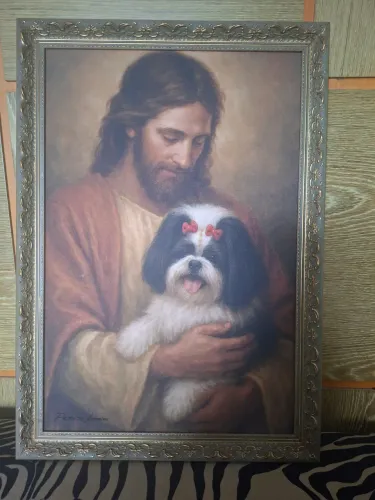 Quadro a oleo sobre tela "Jesus com o cachorro "