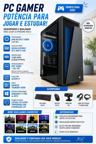 Computador gamer Ryzen 3 16GB RAM ddr4 SSD e HD 1 tb GPU MSI 1050ti