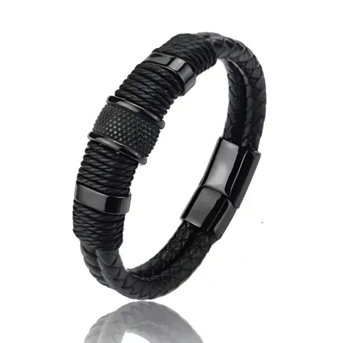 Pulseira Bracelete De Couro Masculino Luxo Black