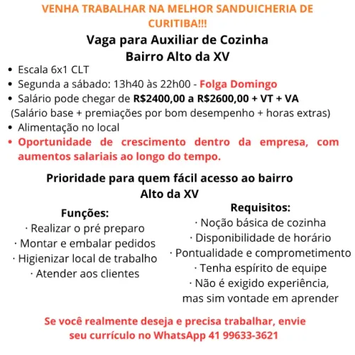 Auxiliar de Cozinha - Bairro Alto da XV - Curitiba