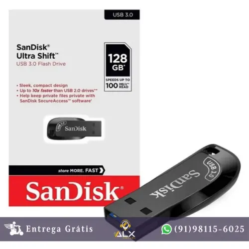 Pendrive Sandisk 128gb Usb 3.0 Ultra Shift Leitura Até 100 Mb/s *ENTREGA GRÁTIS*
