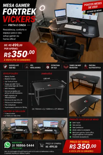 Mesa Gamer Fortrek Vickers, Preto e Cinza, Pés Niveladores, Tampo de MDF Revestido 