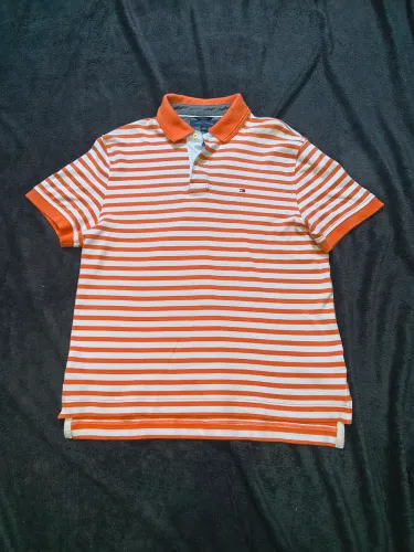 Camisa Polo Tommy Hilfiger Original Listrada Laranja e Branca - Perfeito Estado TAMANHO M