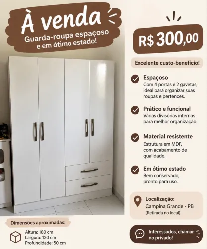 Guarda-Roupa Branco 4 Portas e 2 Gavetas - R$ 300