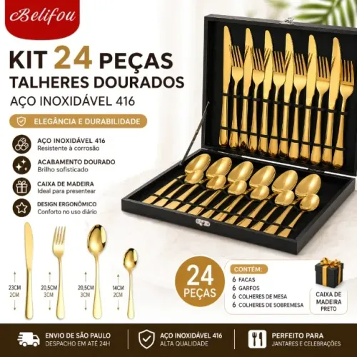 Kit Luxo! 24 Talheres Dourados em Aço Inox | Achadinho Shopee | Oferta