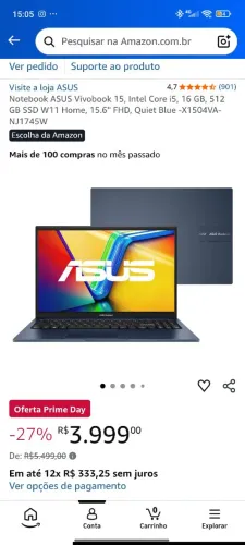 NOTEBOOK ASUS VIVOBOOK 15 16GBRAM 512GB Armazenamento 