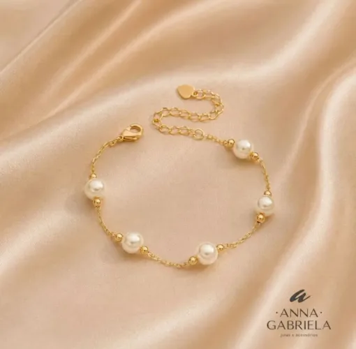 Pulseira Feminina Pérolas Banhada a Ouro 18k - Semijoia Nova