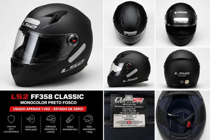 Capacete LS2 FF358 Classic Monocolor Preto Fosco - Tam. 58 - Usado apenas 1 vez