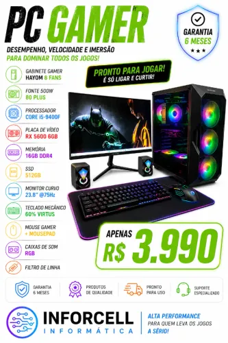 Pc Gamer Core i5-9400F Placa Vídeo RX 5600 16gb Ram Ssd 512 Tela 24