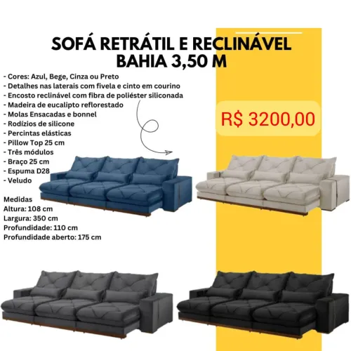 Sofá retrátil e reclinável Bahia veludo 3.5m gigante molas ensacadas / 4 cores