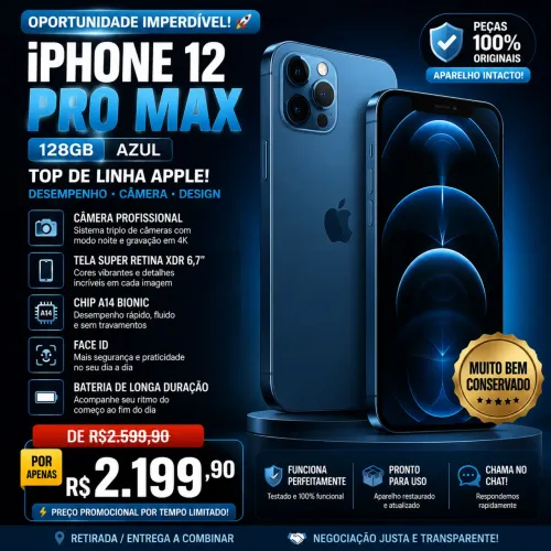iPhone 12 Pro Max 128GB Azul | Super Conservado | Único Dono | Bateria Original