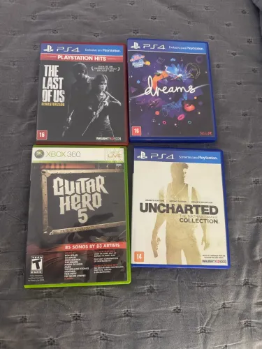 Lote com 4 Jogos PS4/Xbox 360 - The Last of Us, Uncharted, Dreams e Guitar Hero 5
