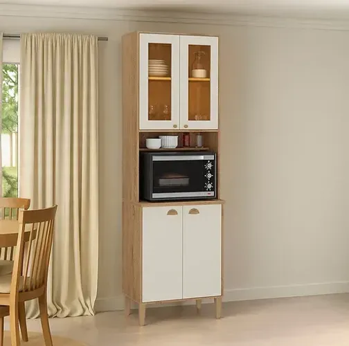 PANELEIRO CRISTALEIRA TUNISIA ATUALLE 4 PORTAS + FORNO CANELATO RUSTICO / NATURA OFF WHITE