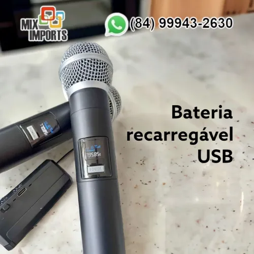 Microfone sem Fio Duplo c/ Bateria embutida recarregável via USB (Novo) 