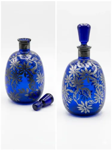 Frasco Perfume / Licoreira Vintage Vidro Azul Cobalto Com Prata