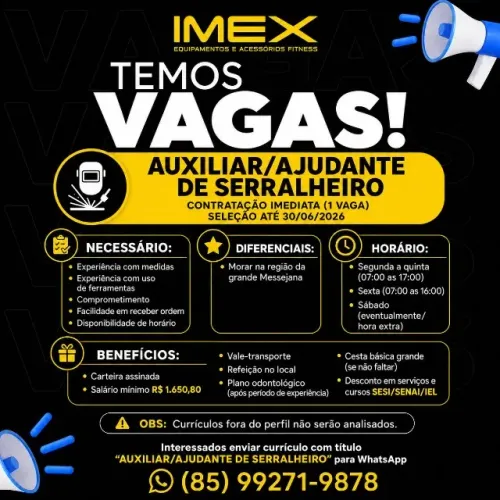 Vaga para Auxiliar / Ajudante de Serralheiro( Seleção até 15/07)