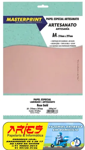 PAPEL ESPECIAL ARTESANATO LAMINADO LAMICOTE ROSE GOLD 250G MASTERPRINT A4 10 FOLHAS