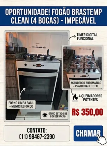 Fogão Brastemp Clean 4 Bocas com Timer Digital - Funcionando Tudo!