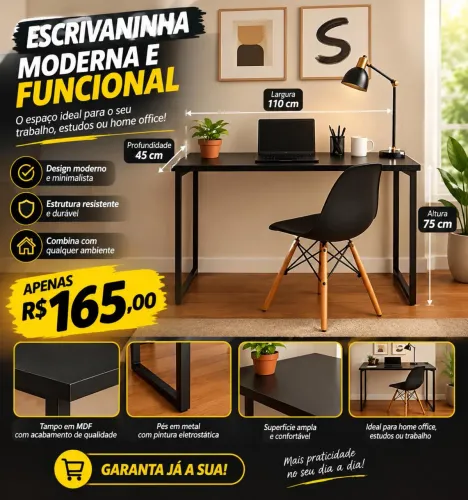 Escrivaninha Industrial 110cm  Mesa Estudo Aparador Pés Aço