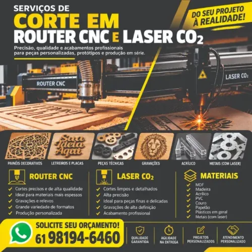Cortes em router CNC e laser CO2