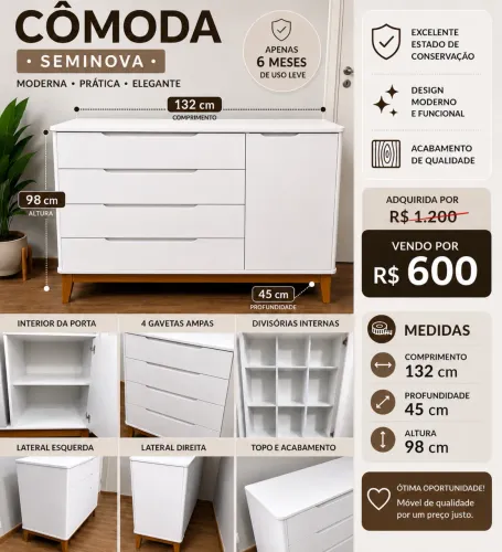 Cômoda Branca Seminova 132cm | 4 Gavetas + Porta | Excelente Estado