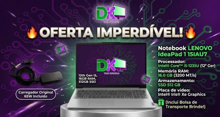 Notebook Lenovo IdeaPad 1 15IAU7 | Intel i5 12ª Ger | 16GB RAM | SSD 512GB + Bolsa