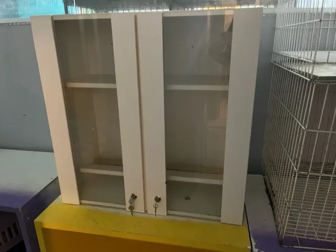 armário aéreo branco com duas portas de vidro