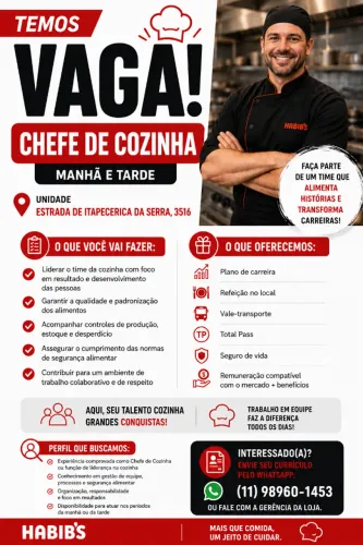 VAGAS - Líder de Cozinha no Capão Redondo - Início Imediato