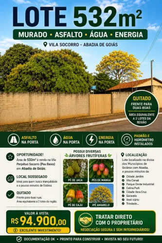Lote 532m2 Murado Vila Socorro Abadia de Goiás (Asfalto, Água e Energia)