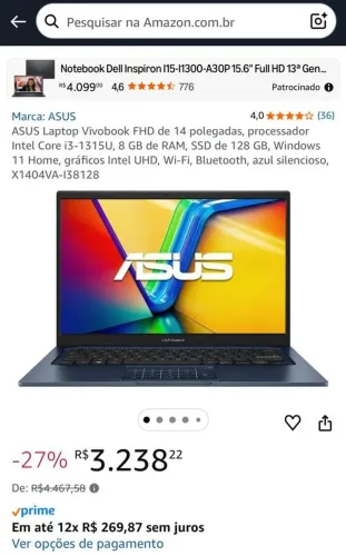 Notebook ASUS Vivobook X1404VA-I38128 CORE i3 SSD 128GB 8GB Azul Windows 11 original