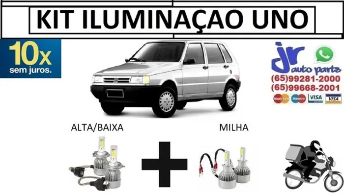 Kit Lampada Ultra LED (Alta/Baixa e Milha) Fiat Uno 1983/2003 6000K 12V 24V