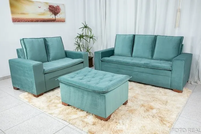 Sofá 3 e 2 lugares França c Puff Verde Frete Grátis - Até 12x