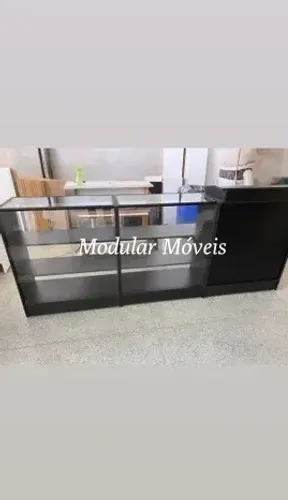 Balcão Caixa + 2 Balcões Vitrine com Vidro Superior - MDF Preto